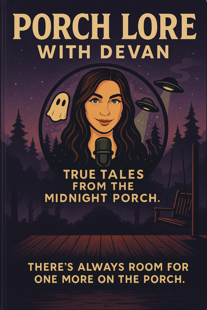 “Book cover for Porch Lore With Devan featuring an illustrated portrait of Devan with a microphone, surrounded by a ghost, UFOs, and a dark forest at night with the tagline ‘There’s always room for one more on the porch.’”