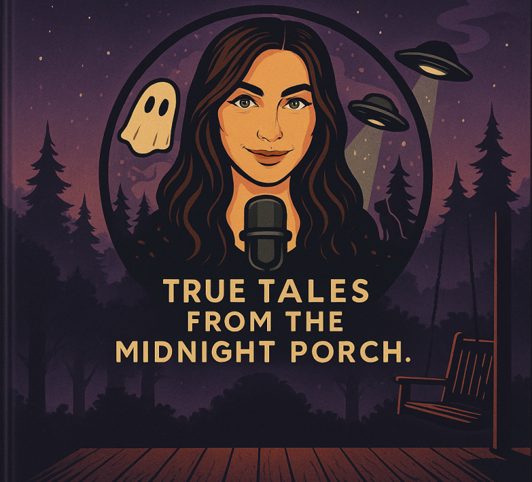 “Book cover for Porch Lore With Devan featuring an illustrated portrait of Devan with a microphone, surrounded by a ghost, UFOs, and a dark forest at night with the tagline ‘There’s always room for one more on the porch.’”